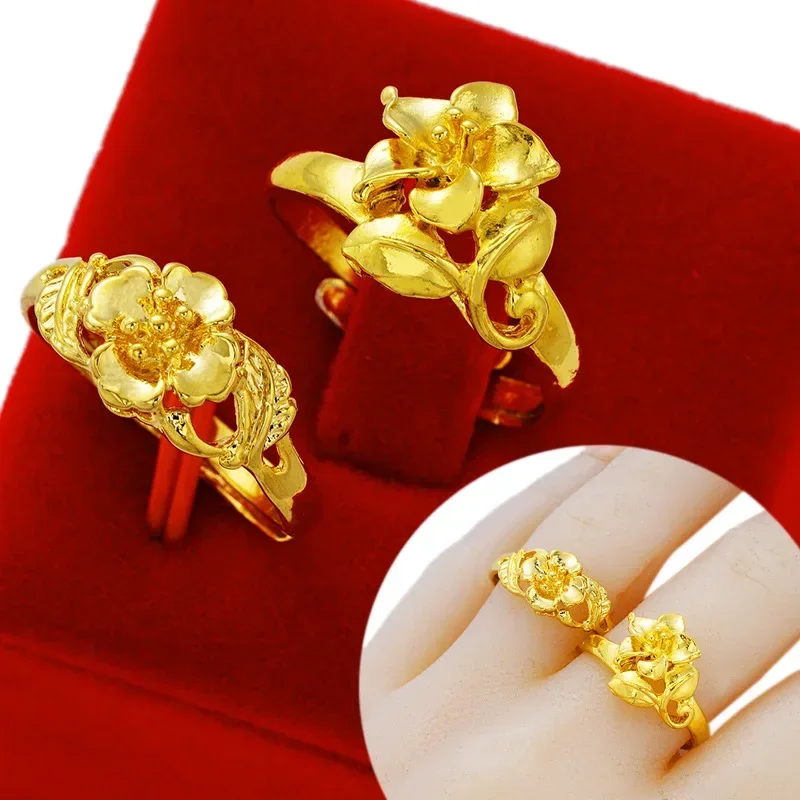 Real 18K Gold Color Ring for Women\'s Vintage Glossy Flowers Ring for Girlfriend Fashion Birthday Wedding Engagement Gifts