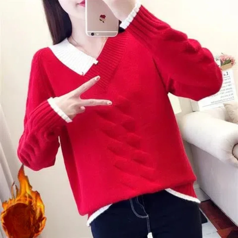 Autumn Winter Women's Clothing V-Neck Flocking Solid Color Sweater Knitted Elegant Pullover Fashionable Screw Thread Tops