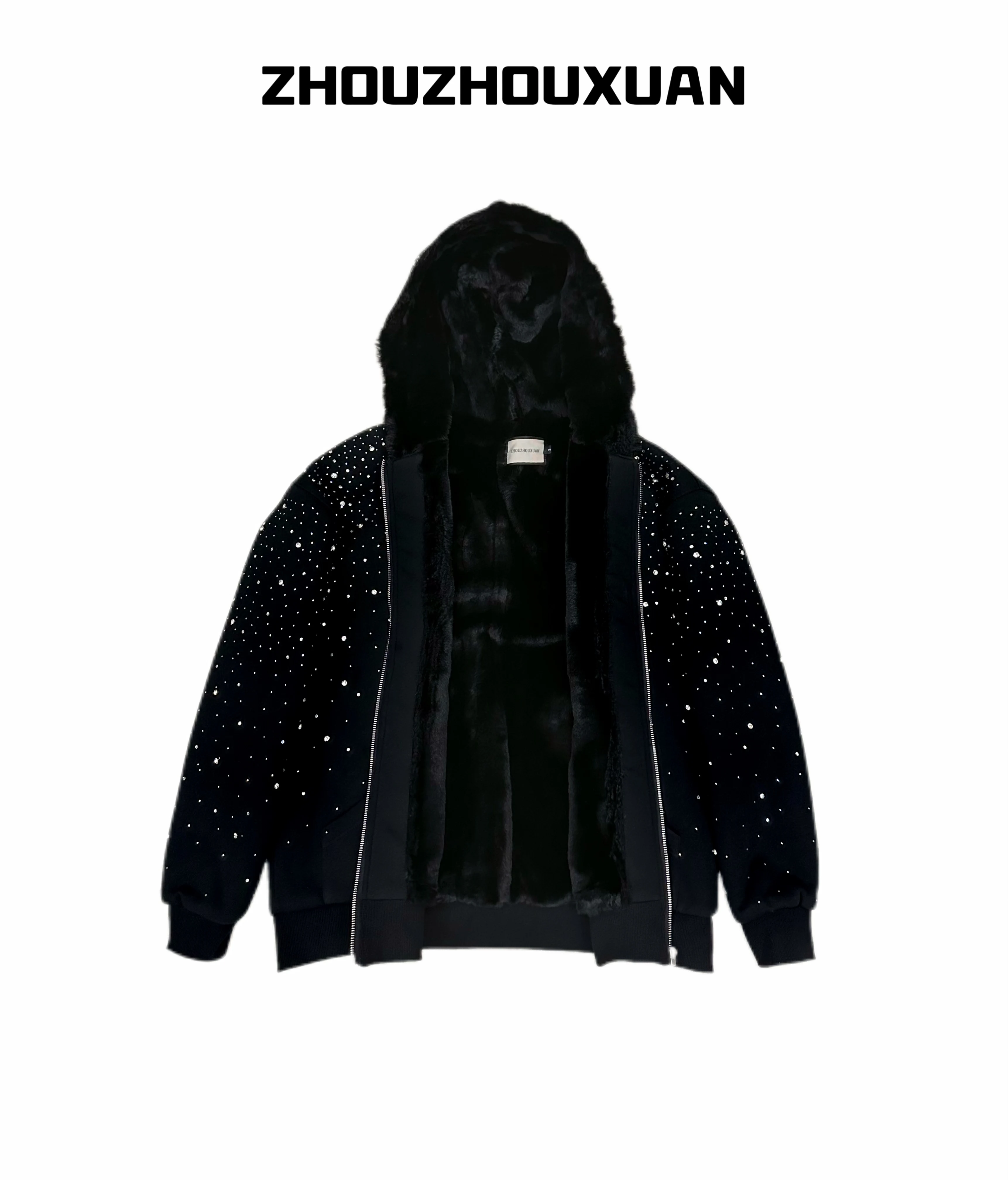 النمط الياباني الأصلي الثقيلة حجر الراين سستة طويلة الأكمام مقنعين سترة الخريف الشتاء جديد أفخم سترة فضفاضة غير رسمية للجنسين