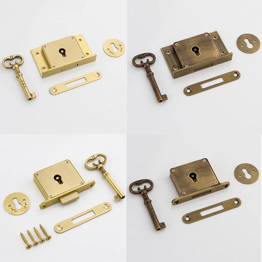 European Antique Pure Brass Drawer Cabinet Locks Cupboard Wardrobe File Cabinet Hidden Cabinet Door Locks Furniture Locks+Key