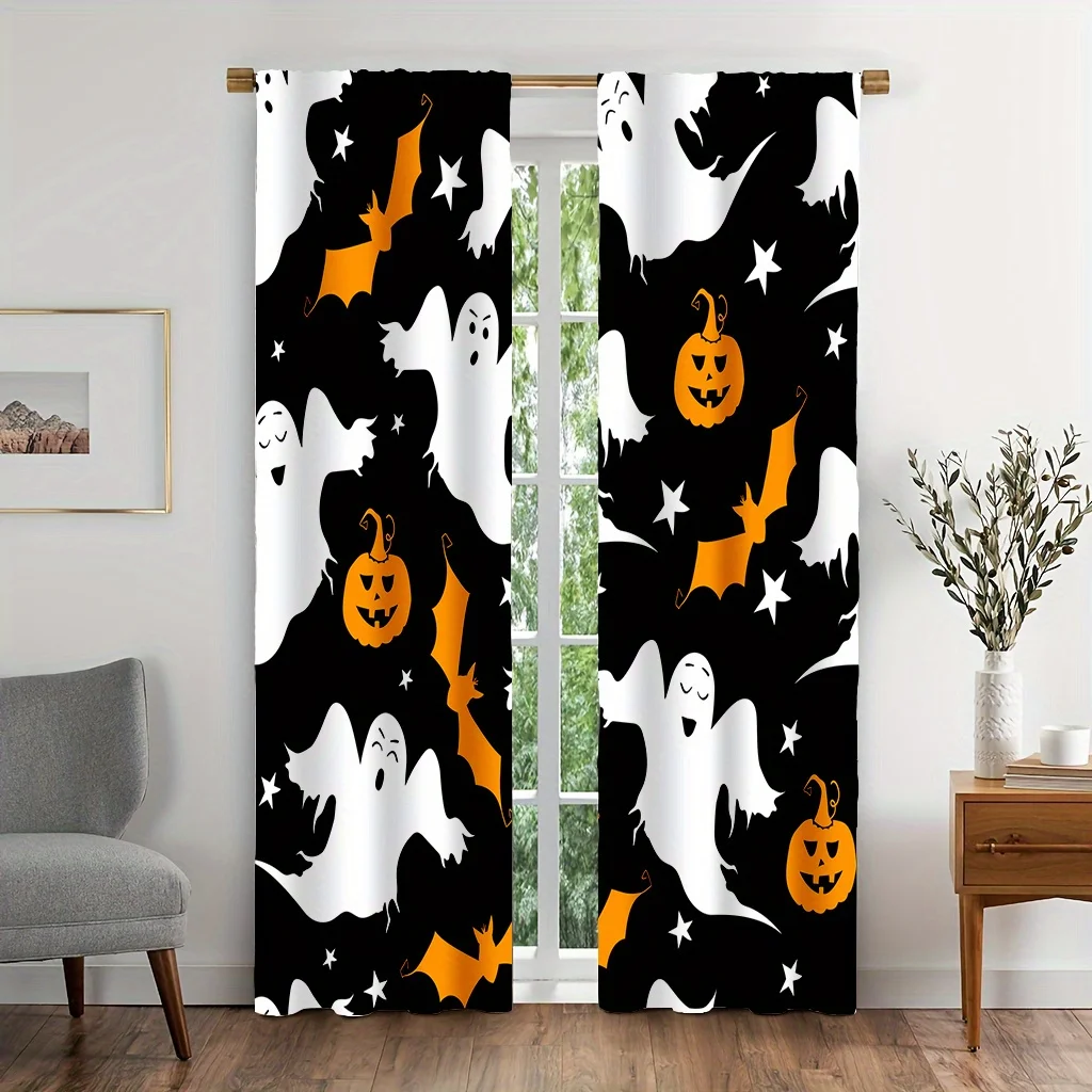 2PCS Digital Print Curtains, Halloween Bat Pumpkin, Halloween Decor