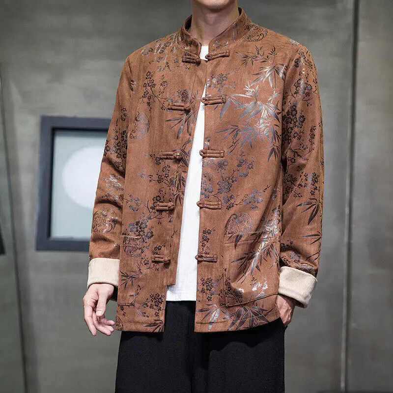 Chinese Style Men's Wear Jacket Stand Collar Frog Button Tang Suit Hanfu Coat Flower Print Plus Size​ Men Streetwear Clothing