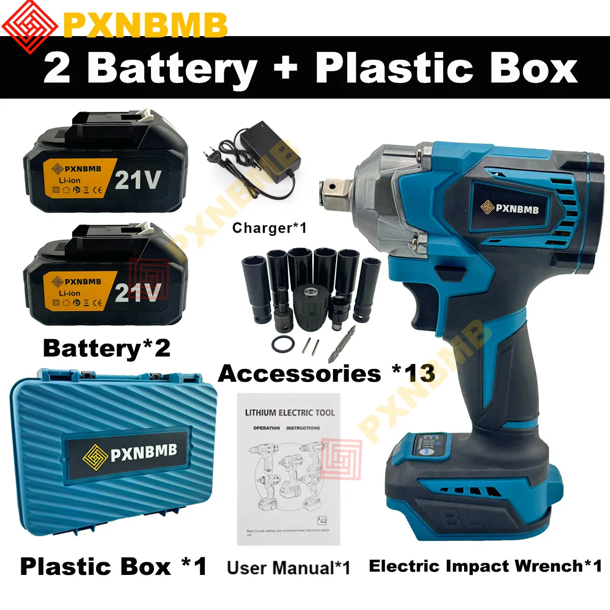 

21V Blue Brushless Electric Impact Wrench Rechargeable 1200N.M Torque 1/2 Socket Auto Wrench Cordless for Makita 18V Battery