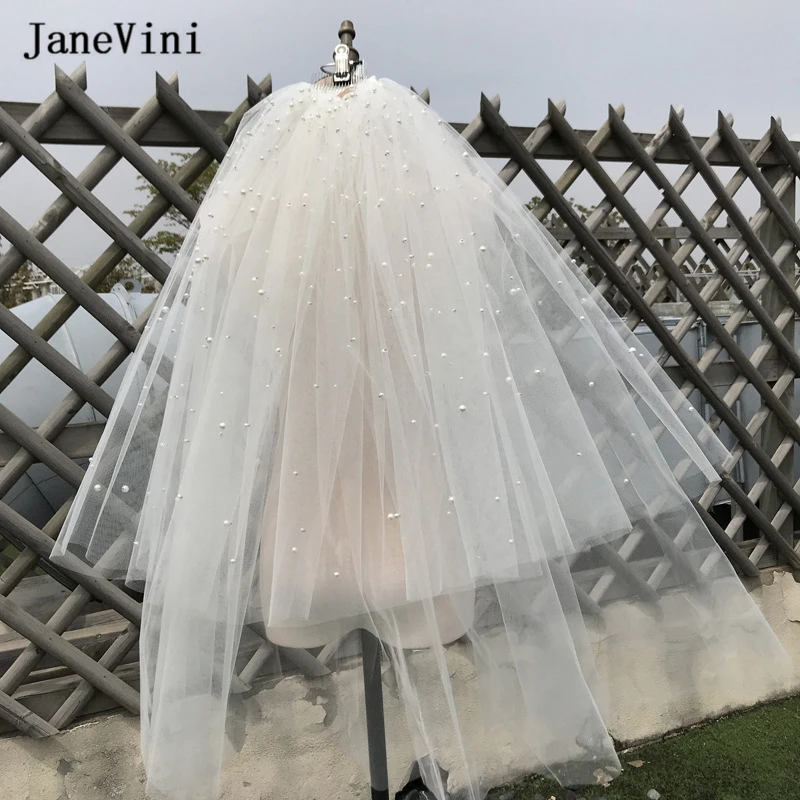 Janevini Twee Layer Sluier Met Metalen Kam Elegante Koreaanse Bruiloft Vail Zachte Tulle Korte Velo Parels Ivoor Vrouw Bridal Veils 2022