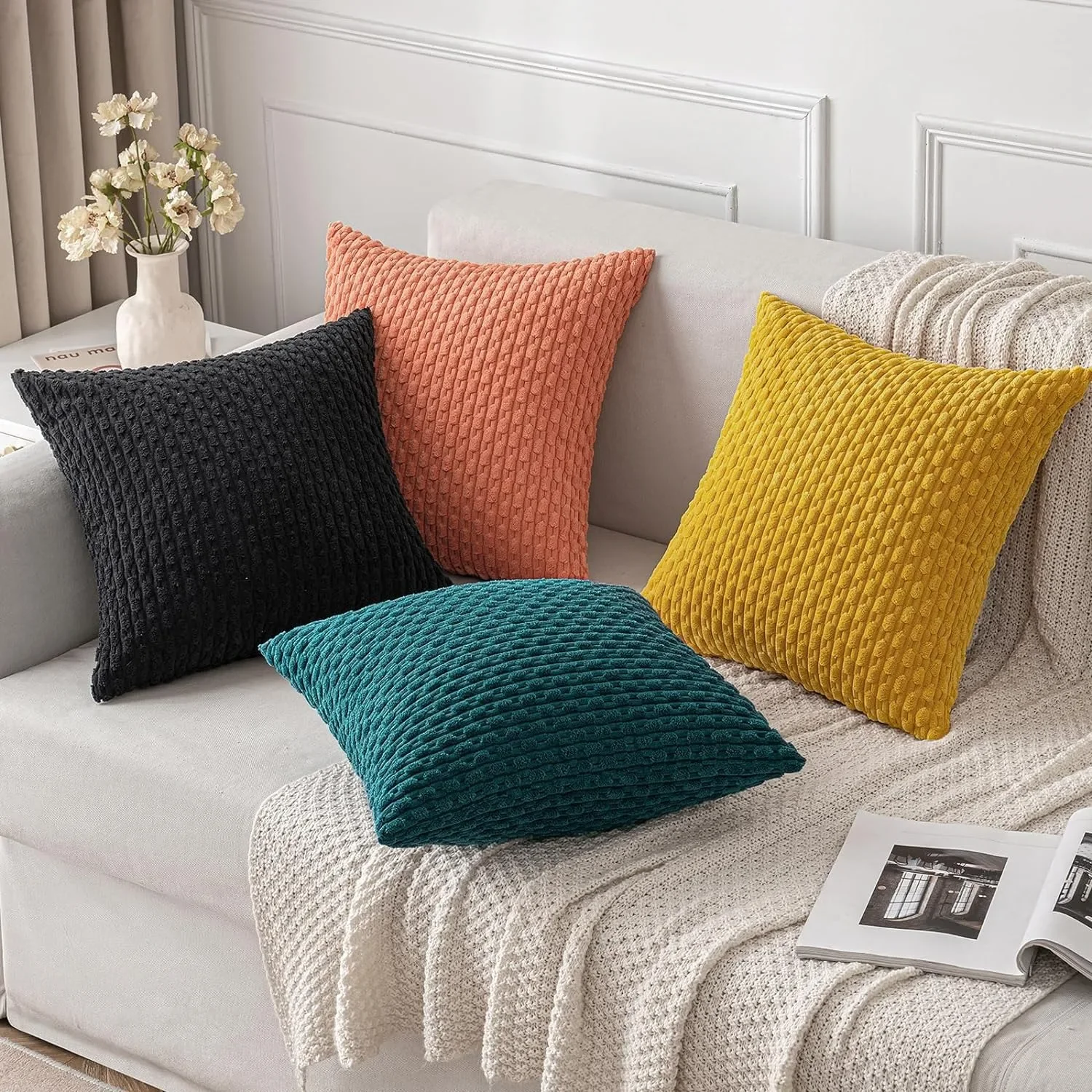 Yellow Textile Pillow Covers Decorative 18x18Inch 45x45CM Striped Corduroy Plush Velvet Pillowcases Boho Cushion Cover for Couch