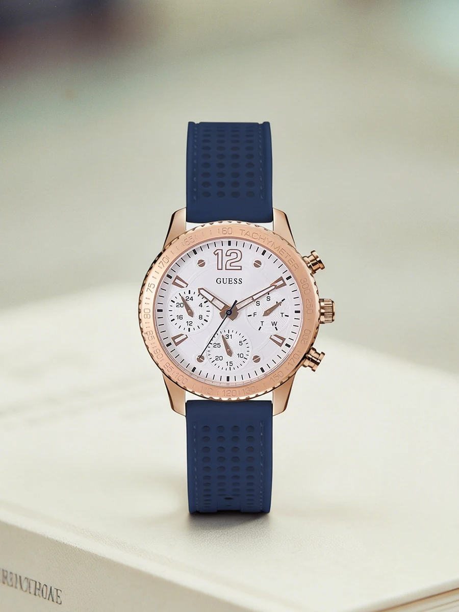 GUESS Women Watch W1025L4 Chronograph Quartz Rose Gold Case Blue Silicone Strap Tachymeter Dial Party Gift For Girlfriend Mom