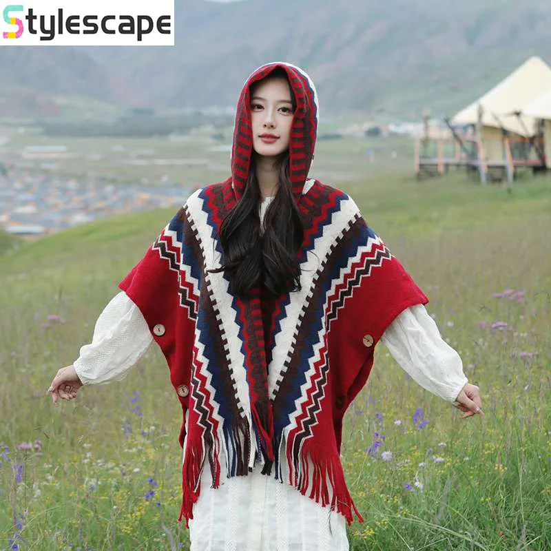 

Ethnic Style Hooded Cape Style Shawl Travel Outfit, Warm Knit Sweater Jacket, Scarf Sweaters for Women Winter Clothes Women