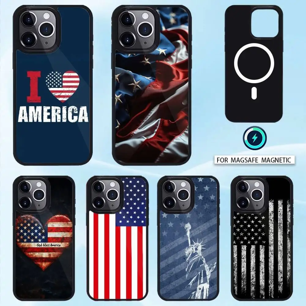 

America USA Flag Phone Case For iPhone 16,15,14,13,12,Pro,Max For Magsafe Magnetic Wireless Charging