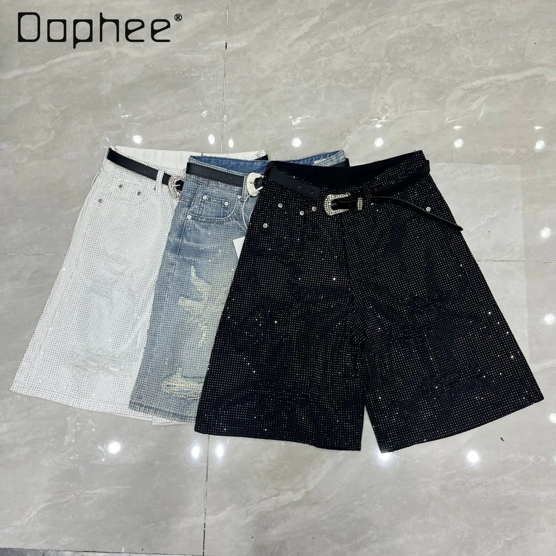

2026 Summer New American Trendy Hot Diamond Wide-leg Shorts Women Loose Versatile Five-point Pants Street High Waist Slim Jeans