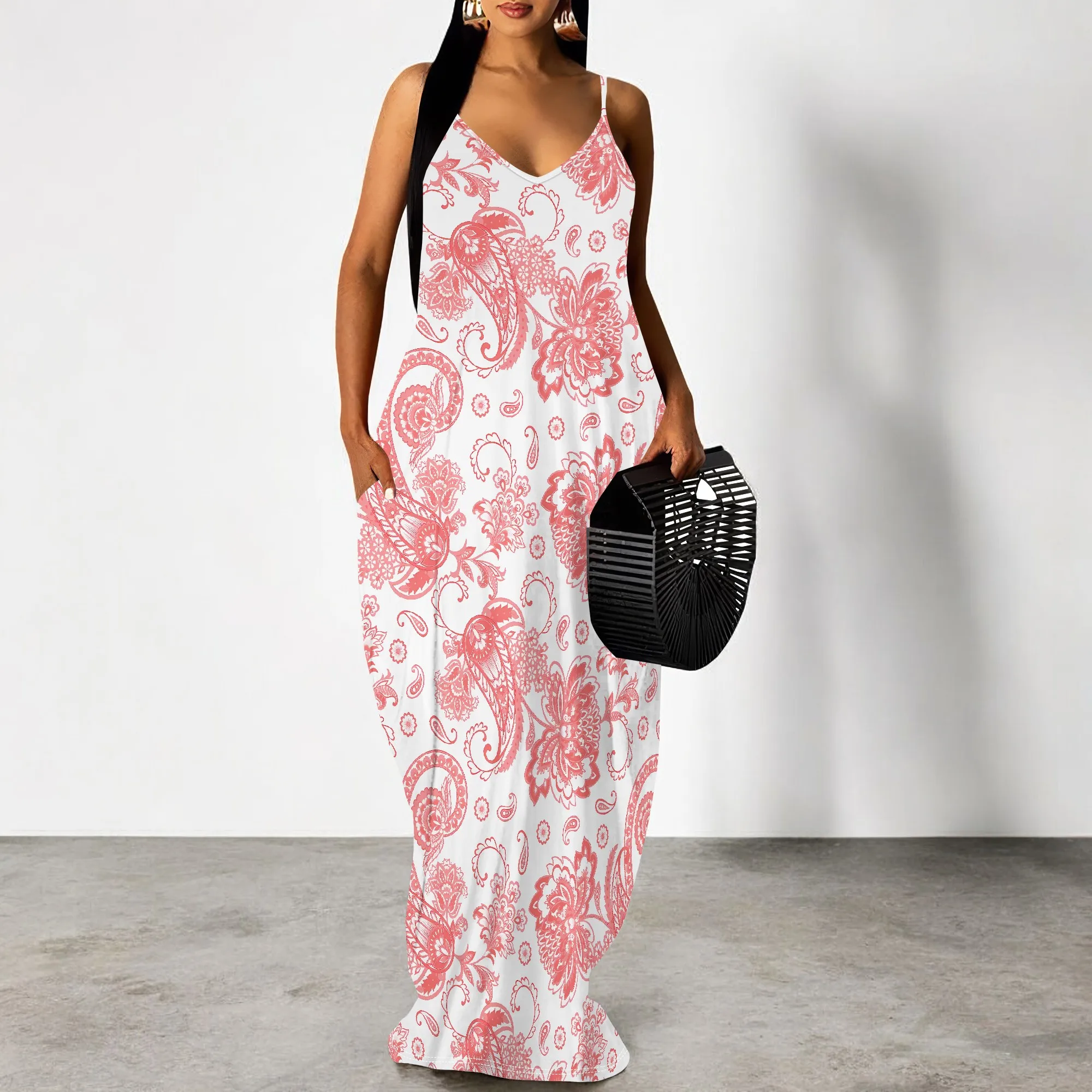 

EQQZD Sleeveless V-Neck Halter Maxi Dress with Pockets, Fashionable Bohemian Floral Print Dress for Women