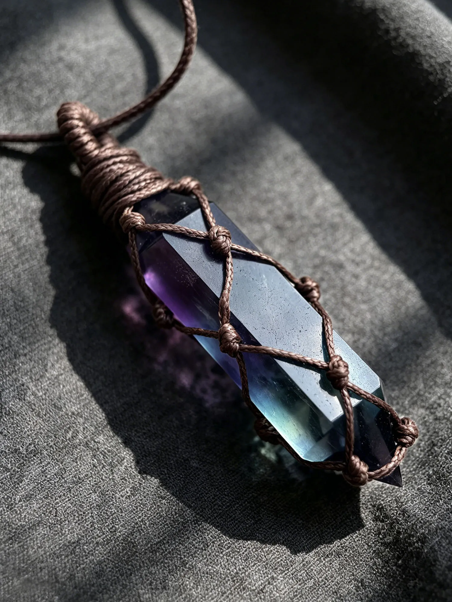 Natural Rainbow Fluorite Double Terminated Point Pendant Hand‑Knotted Macrame Net Wrap Adjustable Cord Spiritual Crystal