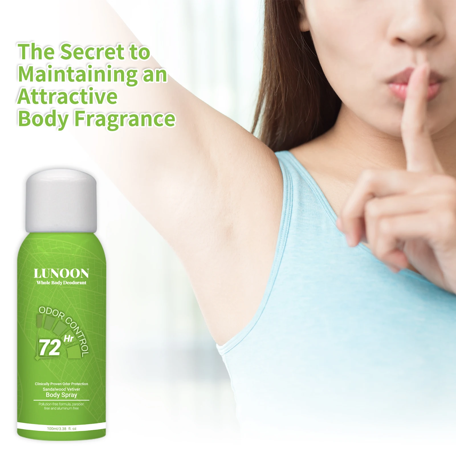 72-Hour Whole Body Deodorant Spray 100ml, LUNOON Long Lasting Odor Protection for Underarms Feet & All Body Areas