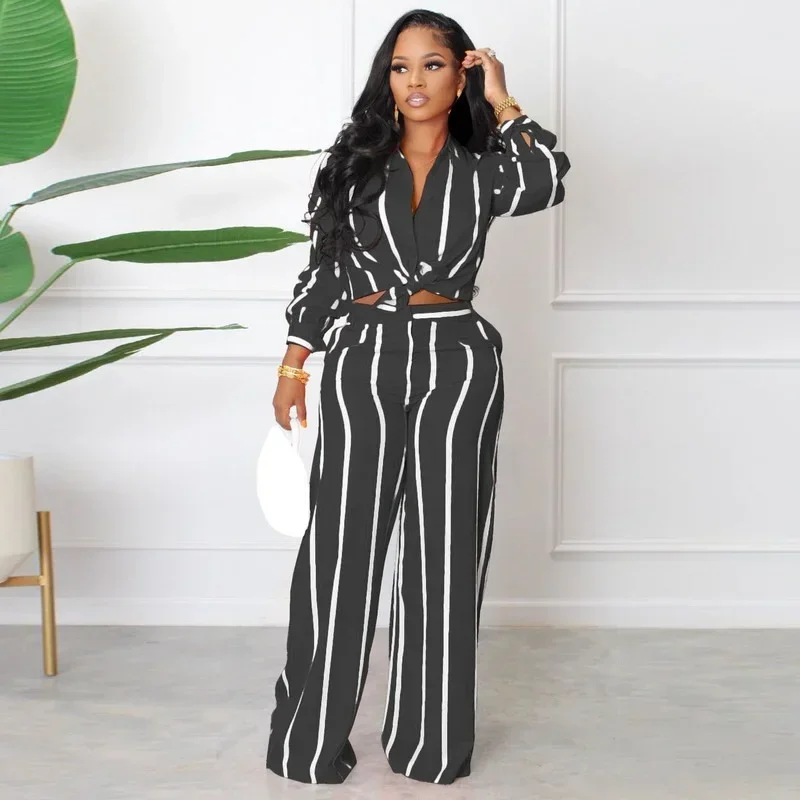 

KEXU 2024 Spring Women Fashion Stripe Print Two Piece Set Long Sleeve Shirt Top Wide Leg Pants Elegant Office Lady Work Suit