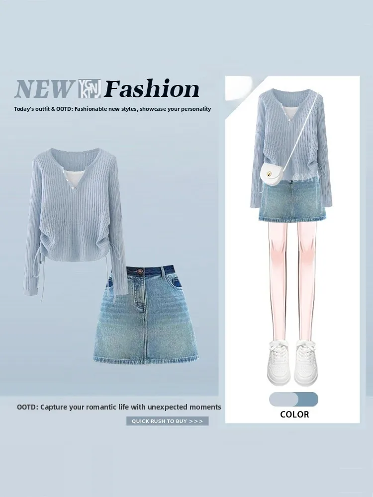 

Soft Breeze Simple Blue Casual Long Sleeve Knitted Top Short Jeans Skirt Set Spring Summer V-neck High Waist Pure Color Fashi...