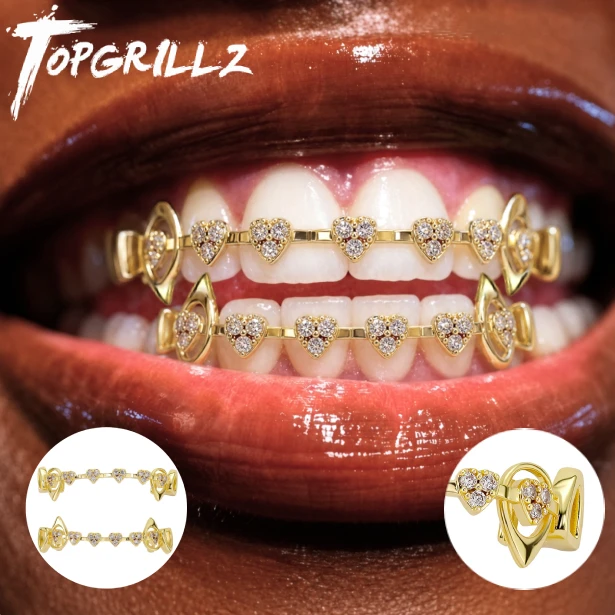 TOPGRILLZ  Hollow Heart Fang Grillz Set Micro Pave CZ Top Bottom Bar Lightweight Y2K Couple Grills Men Women