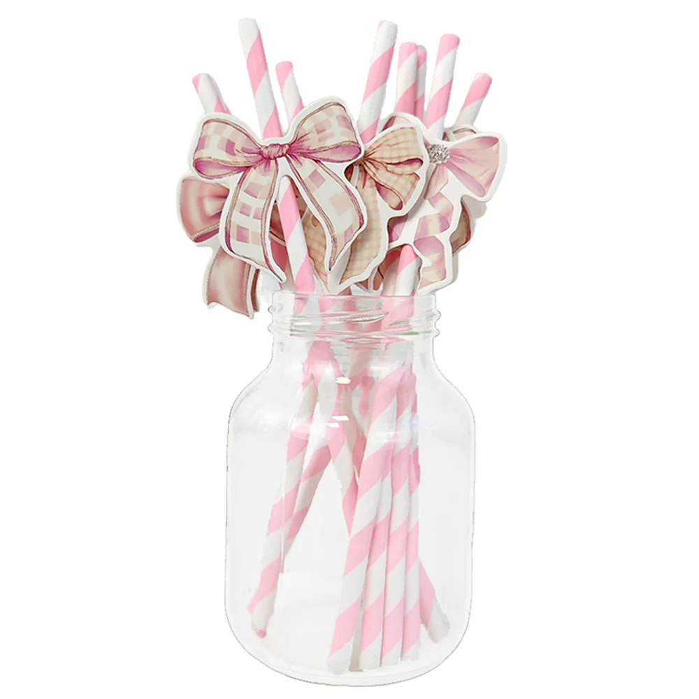 20/40/60/100pcs Bow Pattern Pink Blue Drinking Straws Girls Birthday Party Wedding Baby Shower Decoration Supplies Gifts