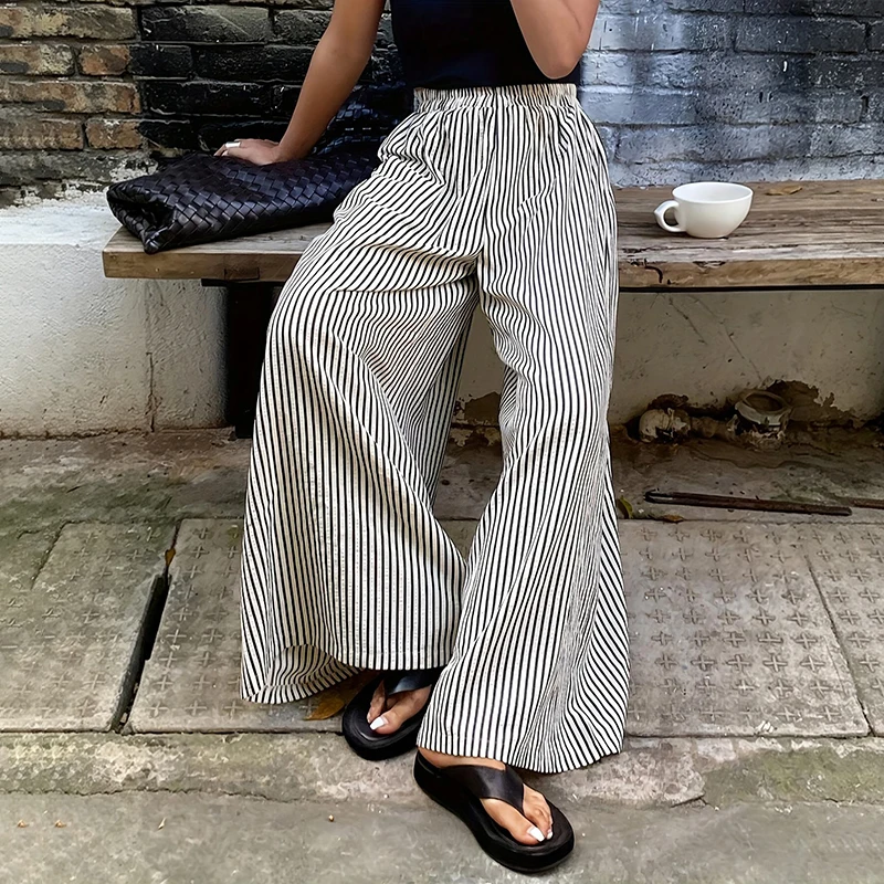 BKLD Fashion Stripe Loose Pants Women Elastic Waist 2026 Casual Straight Contrasting Wide Legs Trousers Cozzy Holiday Streetwear