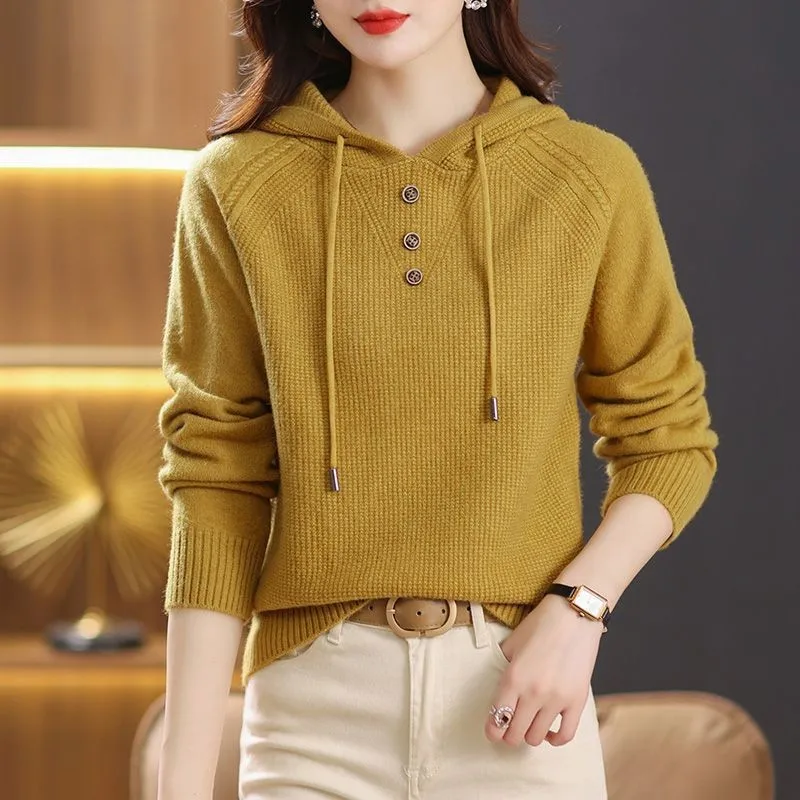 Nowe koreańskie damskie swetry z kapturem luźne na co dzień jednolity kolor sweter płaszcz z długim rękawem Vintage wełniany top damski sweter Femme