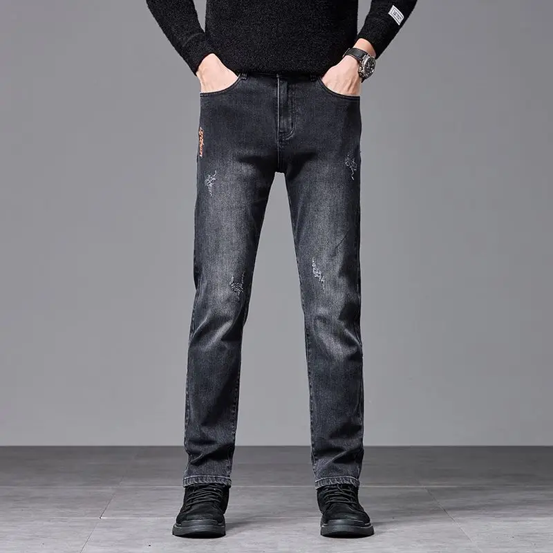 Осень-зима, деловые мужские удобные джинсы, повседневные прямые эластичные утягивающие хлопковые эластичные рабочие джинсовые брюки, модные универсальные