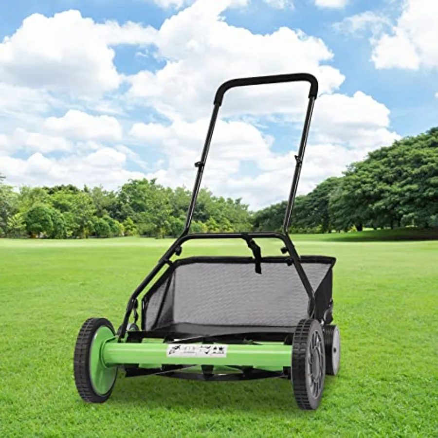 

Push Reel Lawn Mower with 5 Steel Blades Adjustable Cutting Height Green Healthy Lawn Care Easy to Use Grass Catcher Two Wheels