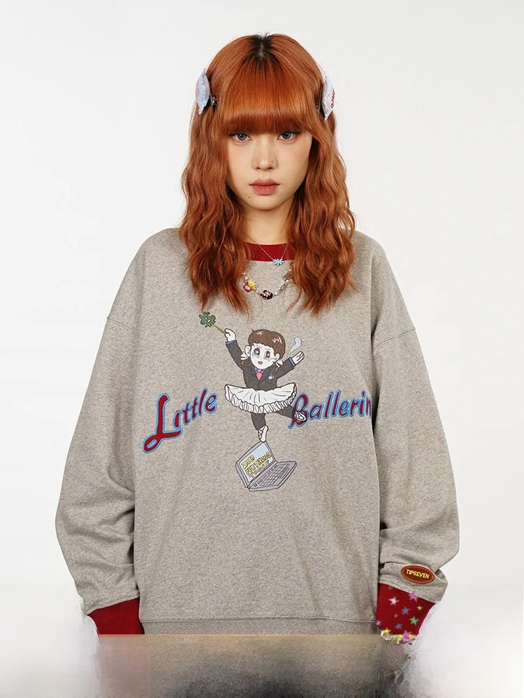 TIPSEVEN Original Design Office Lady Series Long Sleeve Sweatshirt Girl Print Color Block round Neck Street Style Casual Wear