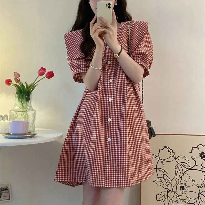 

Vintage Plaid Sailor Collar Dresses Women's Clothing Fashion Spliced Casual 2024 Summer Loose Commute Single-breasted Midi Dress