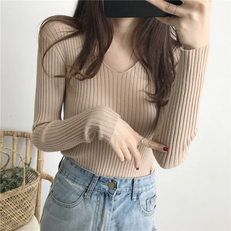 Basic Women Pullovers Solid Colors V-neck Inside Slimming Tender Long Sleeve Autumn Knitting Casual Comfortable Skin-friendly