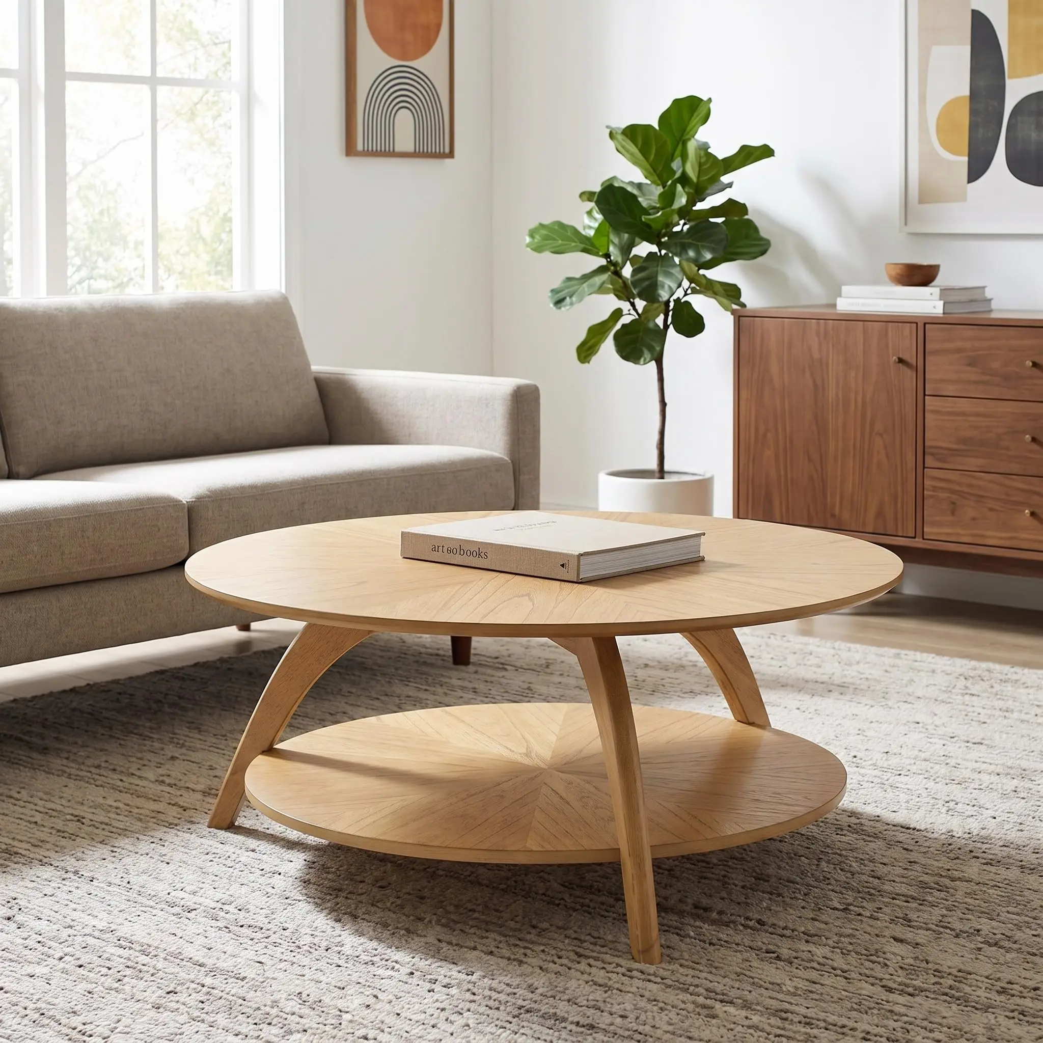 LAX Mid Century Round Wood Coffee Table, Blonde | Retro Modern, Lower Shelf, Cocktail Table, For Living Room or Den