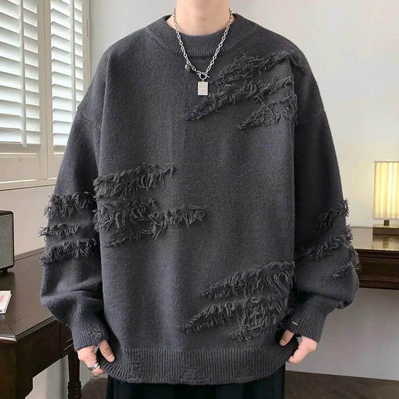 Fashion O-Neck Solid Color Spliced Tassel Sweaters Men's Clothing 2024 Autumn Winter New Loose Casual Pullovers Young Style Tops