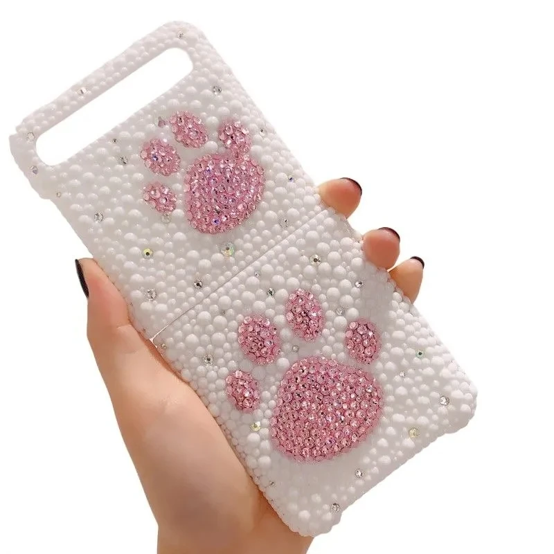 Cute Cat Claw Water Diamond Handmade Folding Phone Case for Samsung Galaxy Z Flip Z Flip4 ZFold 3 ZFold 2 Z Flip4 Girls' Case