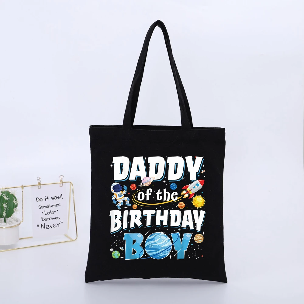 Daddy of the Birthday Boy Typography Print Canvas Tote Bag, Casual Style for Birthday Celebrations