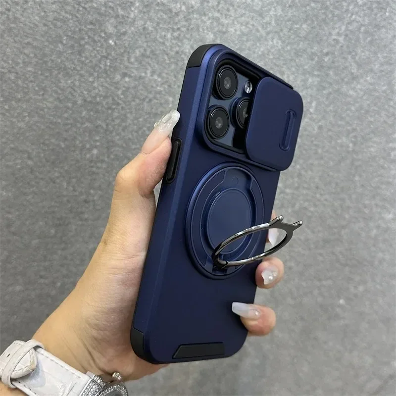 Funda Lujosa Resistente Blindada con Soporte Magnético para iPhone 16 15 14 13 12 11 Pro Max Plus Protección de Cámara Deslizante PC 2