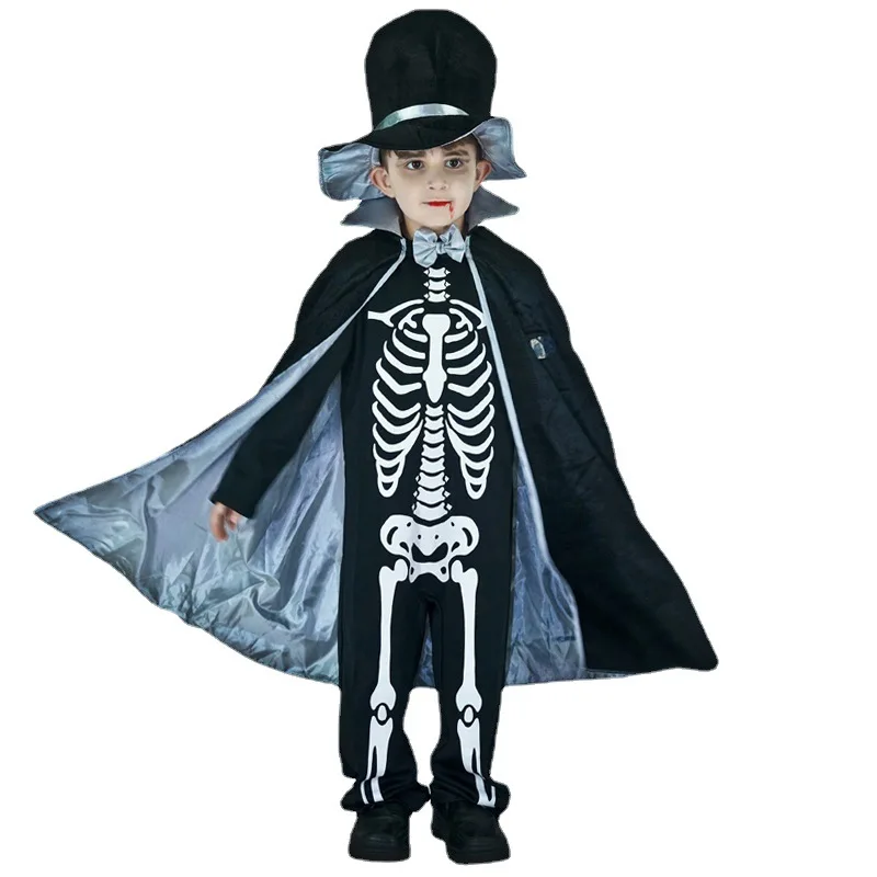 Boys Scary Ghost Bone Costume Party Outfit Stage Performance Costume Cosplay Outfit Role-Playing Halloween Prop