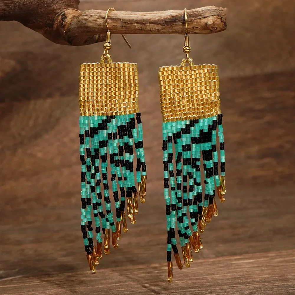 Bohemia Rice bead earrings Geometry Irregular Color mixing Tassel Hand-woven Simple  Versatile Trend Creativity Beaded earrings