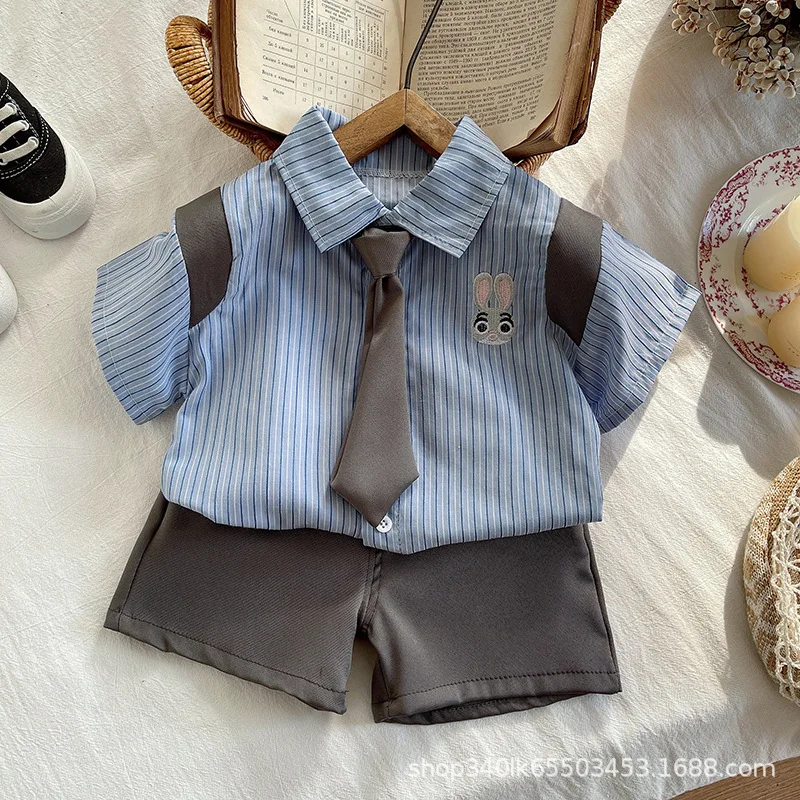 RAISE Sommer Kinder Mädchen Outfits Kleinkind Mädchen Gestreiftes Hemd mit Umlegekragen und Krawatte Baby Mädchen Shorts 2-teiliges Set