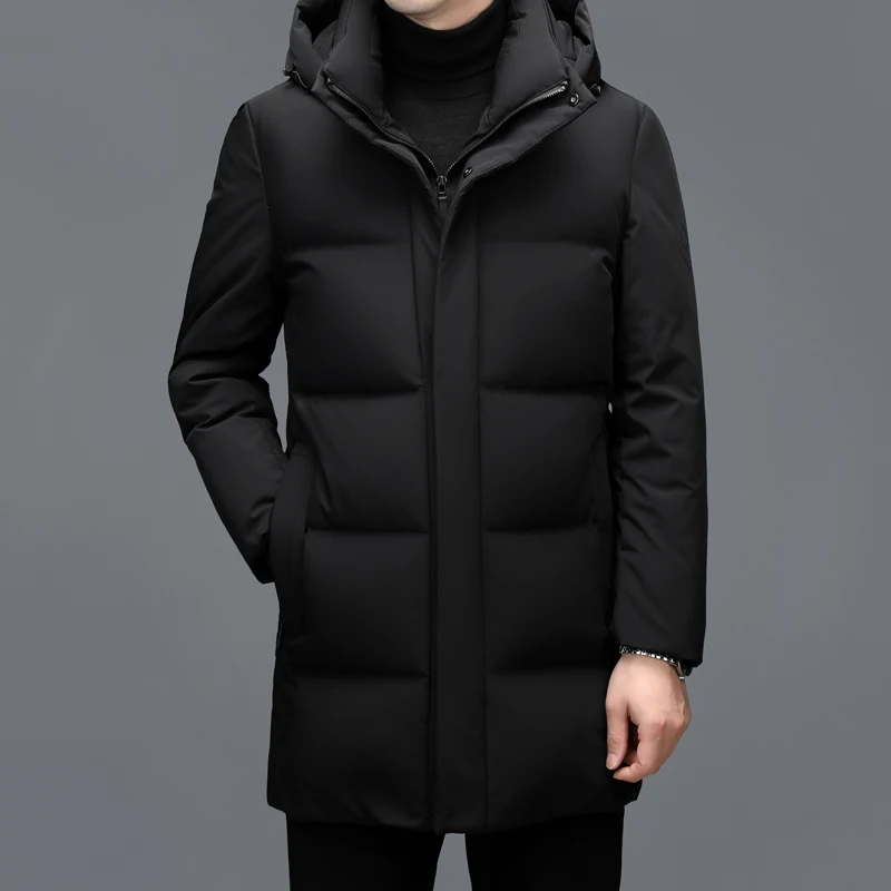 YX-2601 Men's Medium To Long Down Jacket Hooded Coat With White Duck Down Fill, Fashionable Casual Top, Detachable Hat