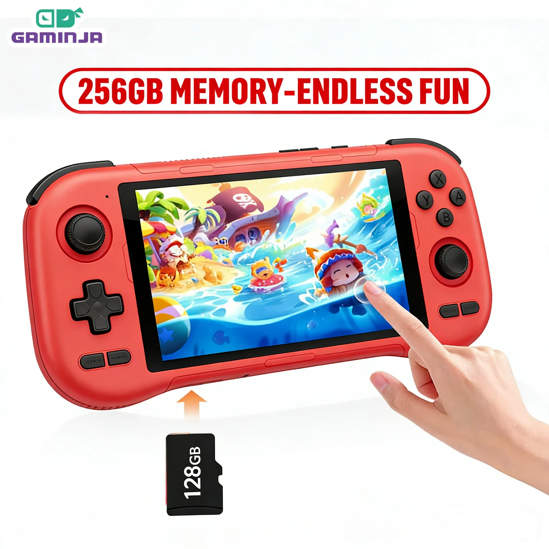 

Портативная игровая консоль GAMINJA ANS22 на Android с 5,5-дюймовым HD-экраном, комбинированная памятью 128 ГБ + 128 ГБ, со встроенными классическими играми