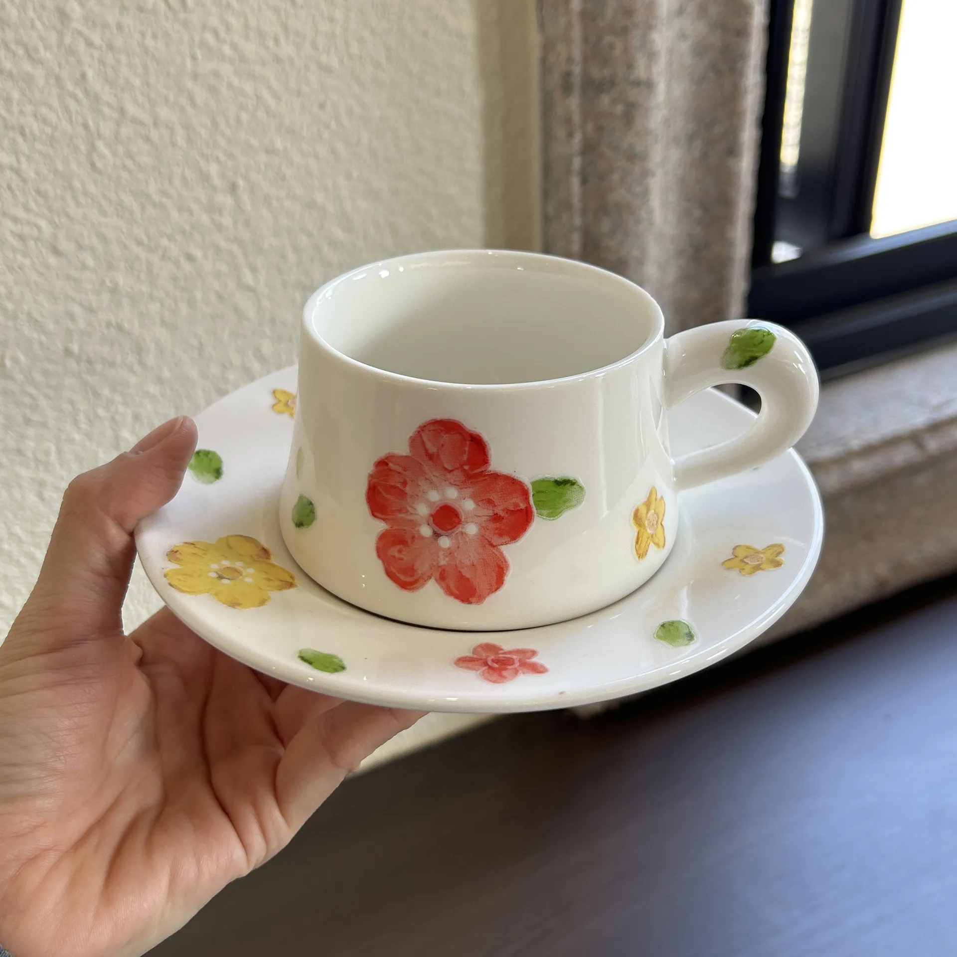Ins Hand-Painted Floral Ceramic Cup & Saucer Set,CuteCoffee Mug for Afternoon Tea,Premium Aesthetic Mug for Breakfast&Home Decor