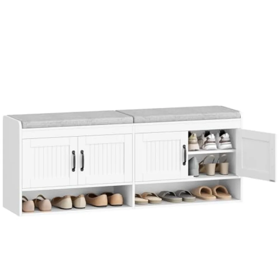 55.1 Shoe Storage Bench for Entryway, MDF Wood in Gray with Soft-Padded Cushion and 4 Concealed Doors