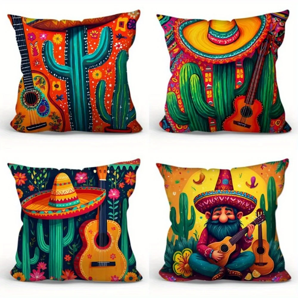 

One pc Mexican music theme cactus print short plush pillow cover suitable for sofa bed room office home decoration