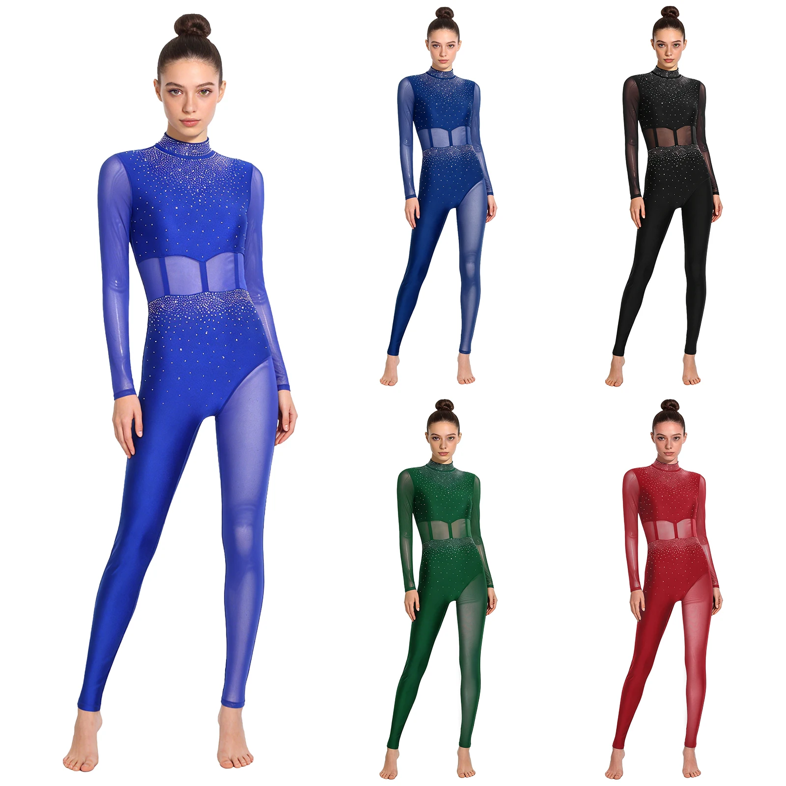 

Women Figure Skating Jumpsuit Gymnastics Acrobatics Ballet Dance Leotard Long Sleeve Rhinestone Sheer Mesh Unitard Dancewear