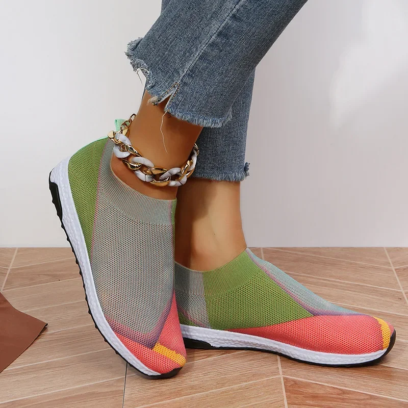 Women Sneakers Casual Shoes Breathable Mesh Platform Sneakers Women Slip on Soft Casual Single Candy Shoes Knit Sock Flat Shoes