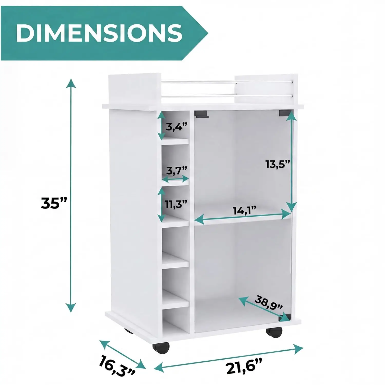 Bar Cart with Glass Door, 6 Wine Slots & Serving Shelf with Rail, Rolling Bar Cabinet, 21.6 x 16.3 x 35 in, White, Customized image 3