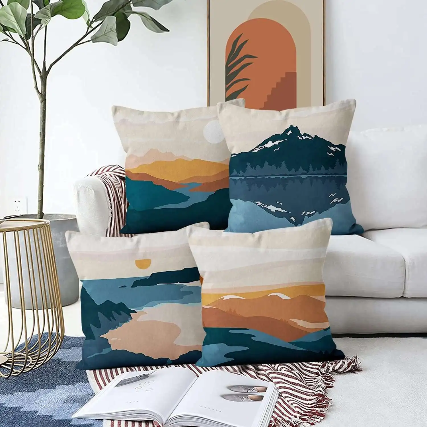 

Geometric sunset landscape Double-sided Printed pillow cover Short plush Suitable living room bedrooms sofas throw cushion cover