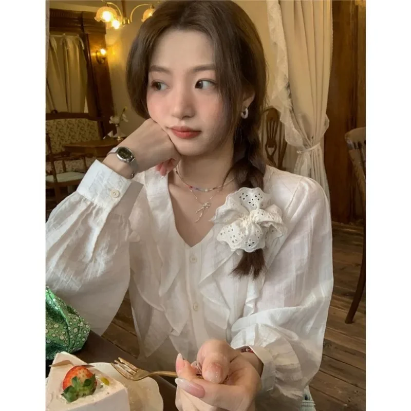 

Korean Style Ruffled V Neck Shirts Women 2025 New Fairycore Solid Long Sleeve Lady Tops Gentle Versatile Blouse Femme