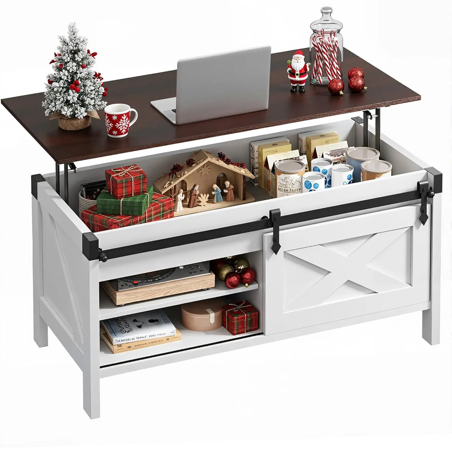 

Журнальный столик с подъемной столешницей, 39,4 дюйма, в стиле фермерского дома, с большим скрытым отсеком для хранения, раздвижными дверцами-складками, на заказ