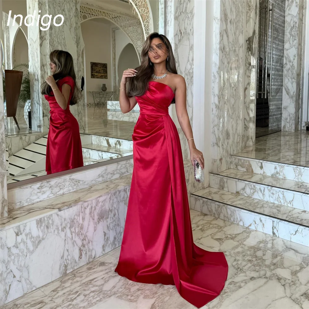 

Indigo Red Pleat Mermaid Evening Dress Women 2025 One-Shoulder Satin Floor-Length Formal Party Prom Gown فساتين سهرة Customized