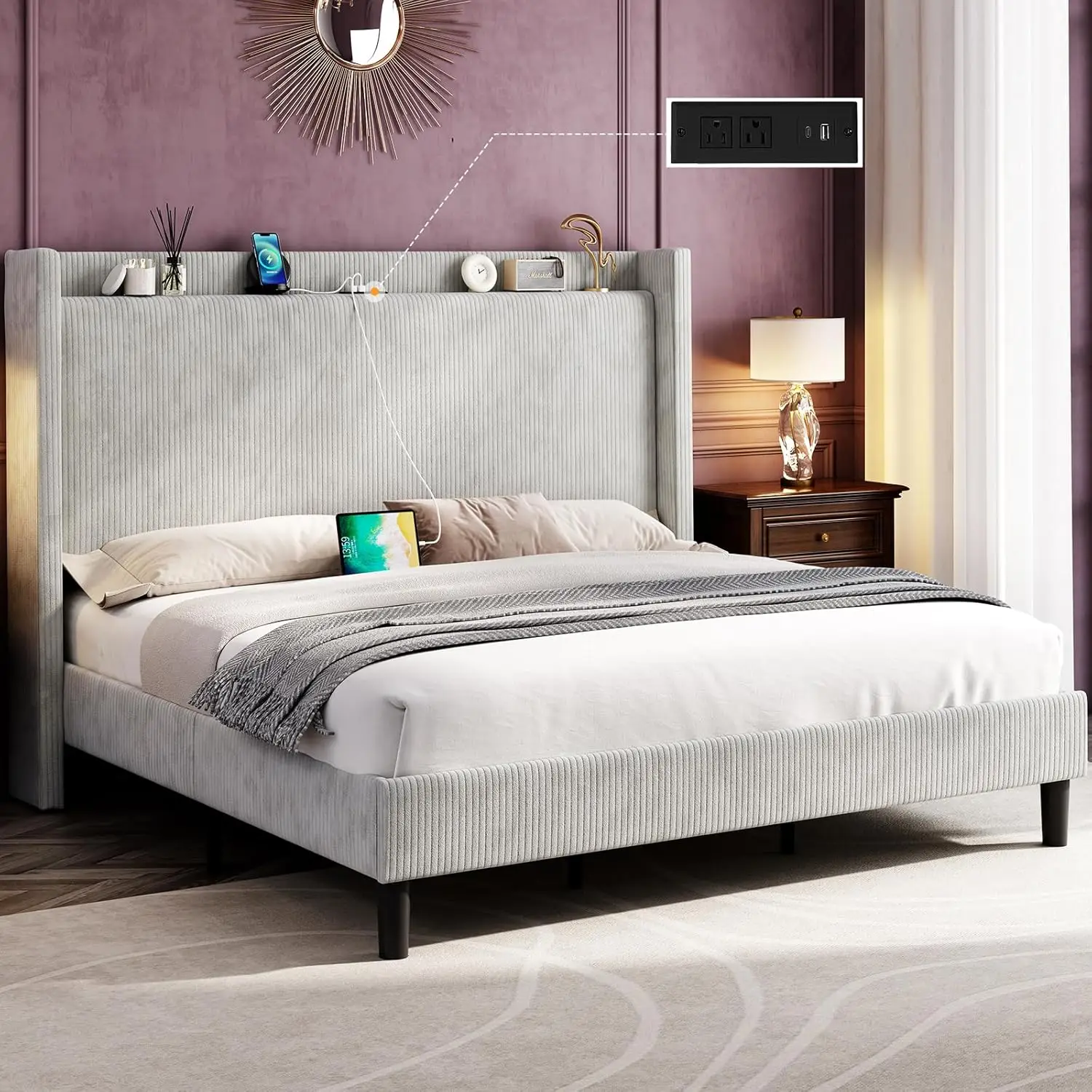 

King Size Bed Frame Upholstered Corduroy Bed with Modern Wingback Storage Headboard and Charging Station, No Box Spring Needed