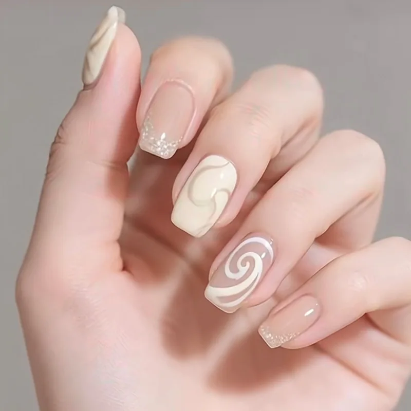 

24Pcs Long Square Press on Nails - Champagne & Cream White Glitter with Irregular Streaks and Veins Design
