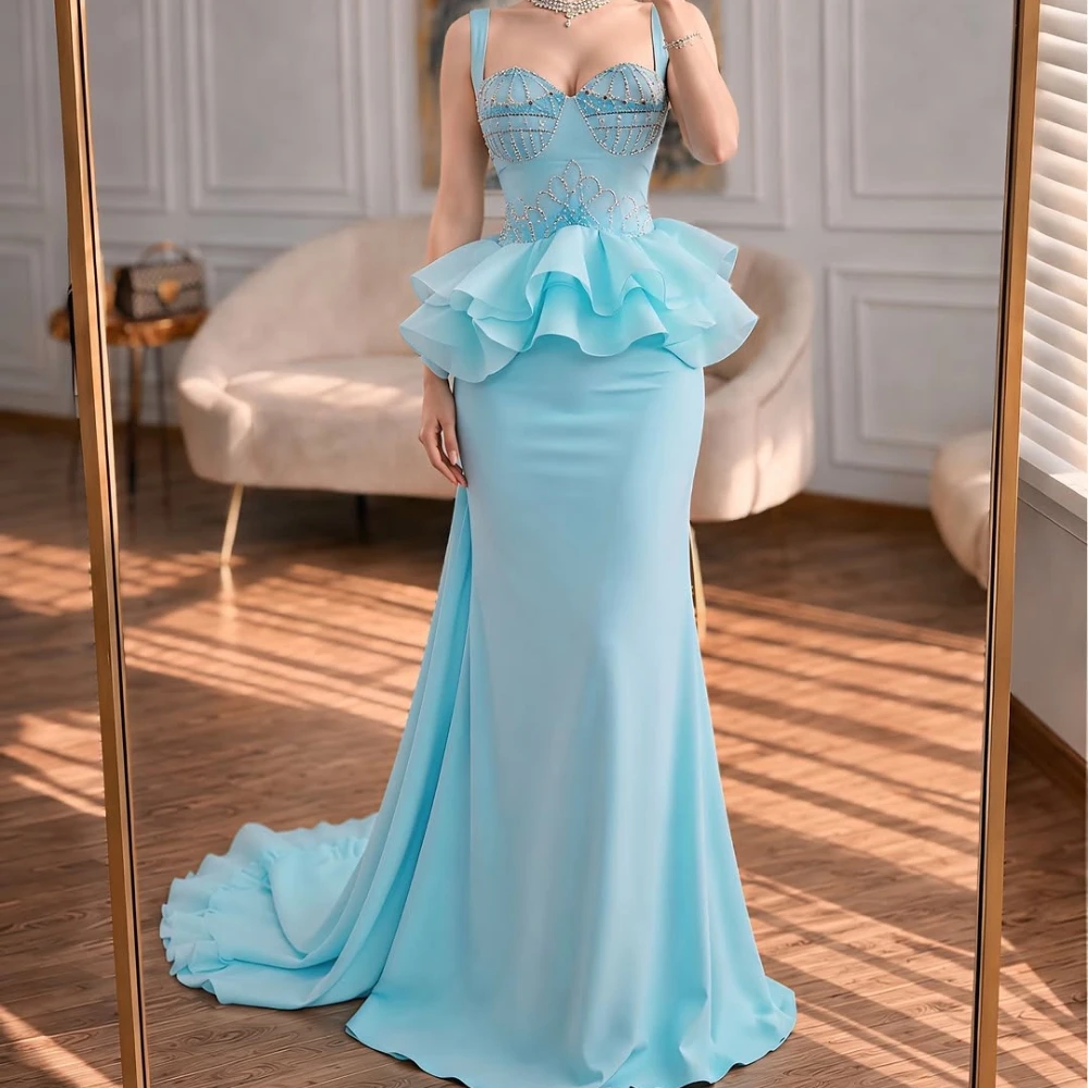 Customized Fresh Romantic Sky Blue Mermaid Evening Gown Featuring Thin Spaghetti Straps & Sweetheart Neckline